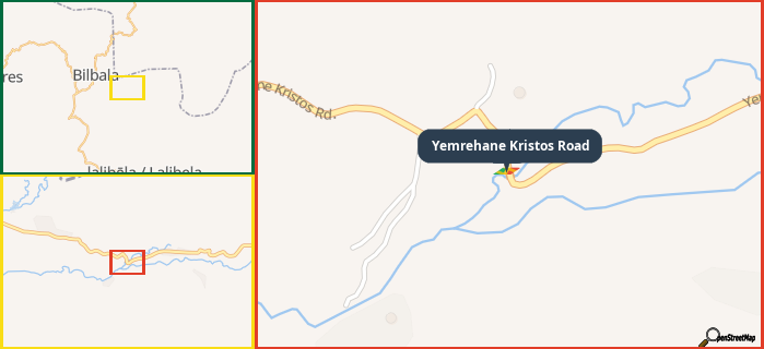 Map showing the address of Yemrehane Kristos Road in three different zoom levels.