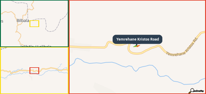 Map showing the address of Yemrehane Kristos Road in three different zoom levels.
