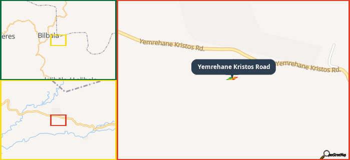 Map showing the address of Yemrehane Kristos Road in three different zoom levels.