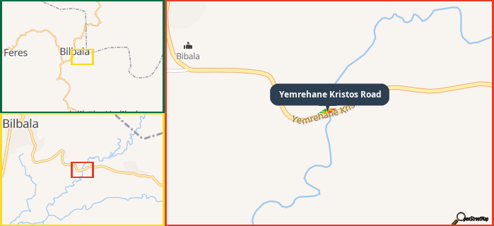 Map showing the address of Yemrehane Kristos Road in three different zoom levels.