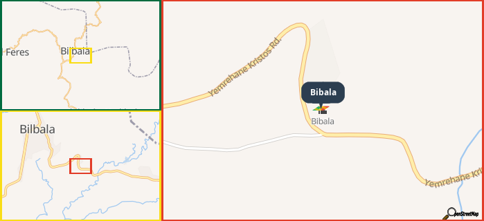 Map showing the address of Bibala in three different zoom levels.