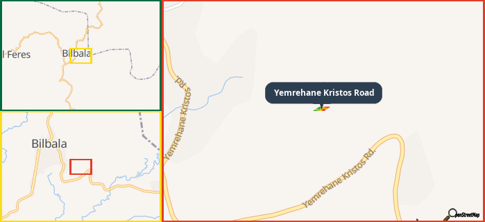 Map showing the address of Yemrehane Kristos Road in three different zoom levels.