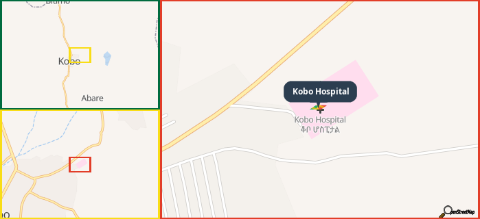 Map showing the address of Kobo Hospital in three different zoom levels.