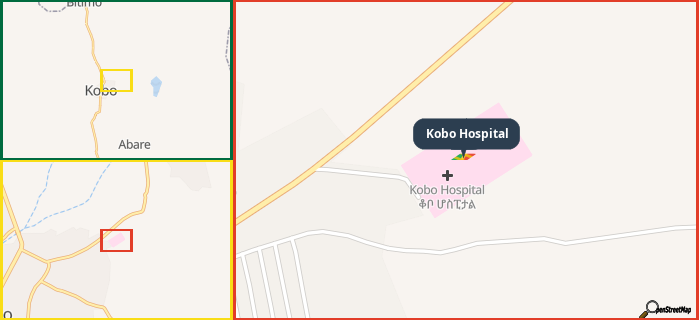 Map showing the address of Kobo Hospital in three different zoom levels.