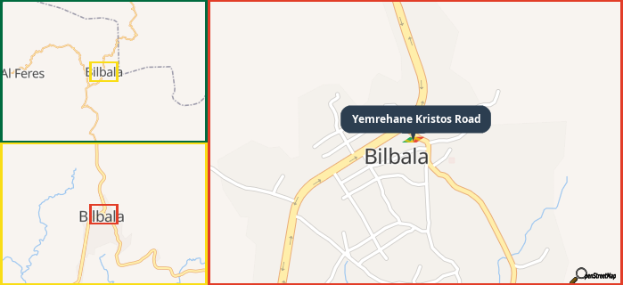 Map showing the address of Yemrehane Kristos Road in three different zoom levels.