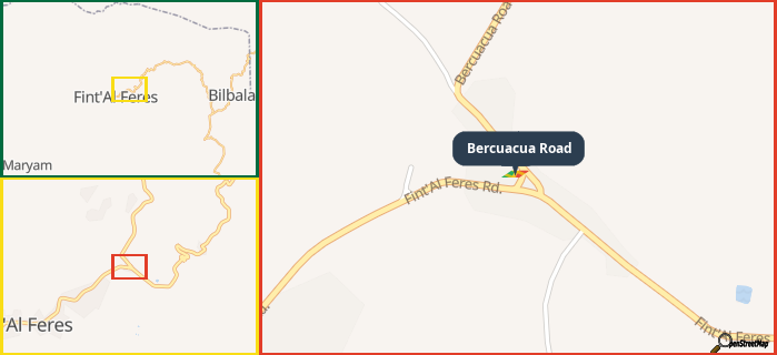 Map showing the address of Bercuacua Road in three different zoom levels.
