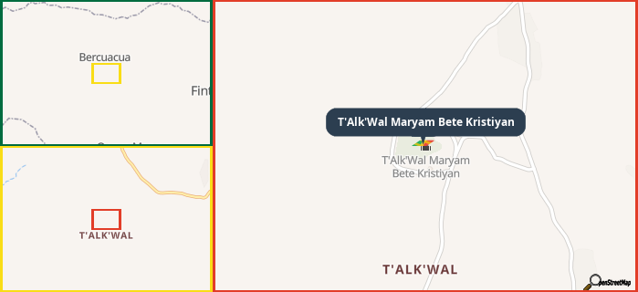 Map showing the address of T'Alk'Wal Maryam Bete Kristiyan in three different zoom levels.