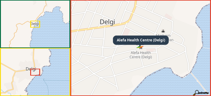 Map showing the address of Alefa Health Centre (Delgi) in three different zoom levels.