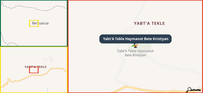 Map showing the address of Yabt'A Tekle Haymanot Bete Kristiyan in three different zoom levels.