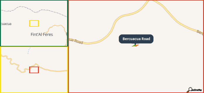 Map showing the address of Bercuacua Road in three different zoom levels.