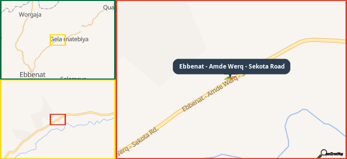 Map showing the address of Ebbenat - Amde Werq - Sekota Road in three different zoom levels.