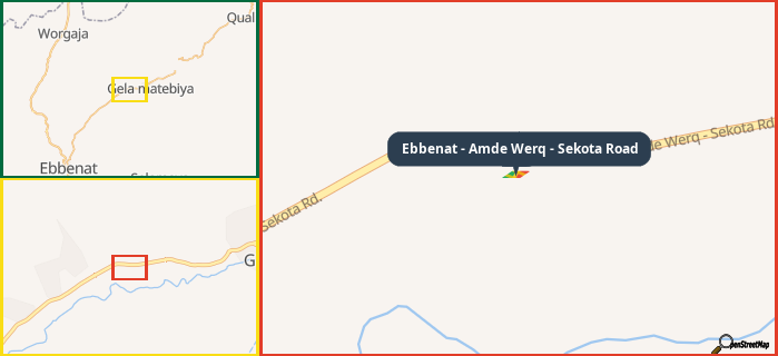 Map showing the address of Ebbenat - Amde Werq - Sekota Road in three different zoom levels.