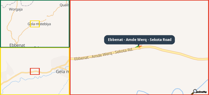 Map showing the address of Ebbenat - Amde Werq - Sekota Road in three different zoom levels.