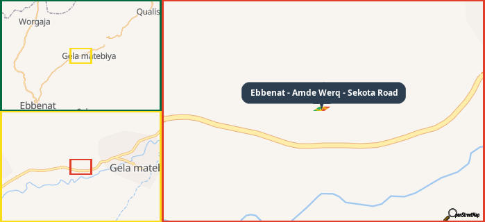 Map showing the address of Ebbenat - Amde Werq - Sekota Road in three different zoom levels.