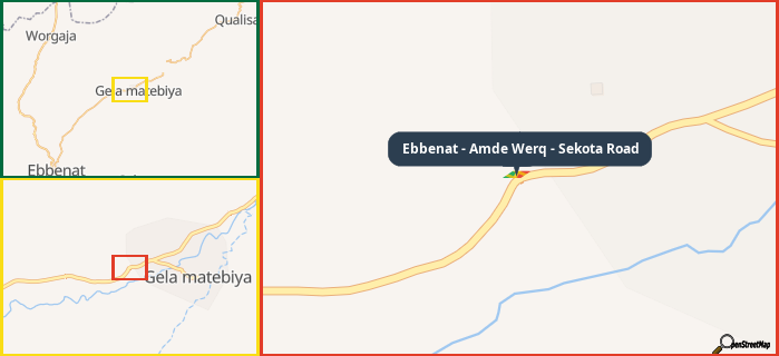 Map showing the address of Ebbenat - Amde Werq - Sekota Road in three different zoom levels.