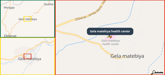 Map showing the address of Gela matebiya health center in three different zoom levels.