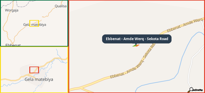 Map showing the address of Ebbenat - Amde Werq - Sekota Road in three different zoom levels.