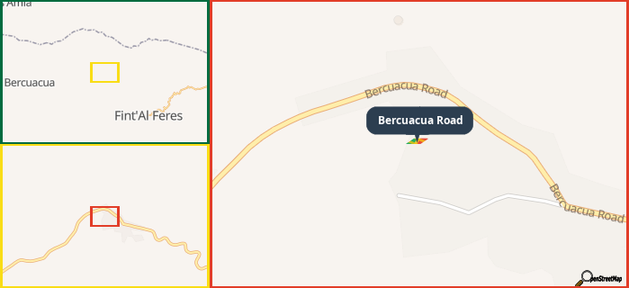 Map showing the address of Bercuacua Road in three different zoom levels.