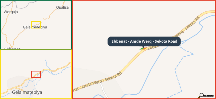 Map showing the address of Ebbenat - Amde Werq - Sekota Road in three different zoom levels.
