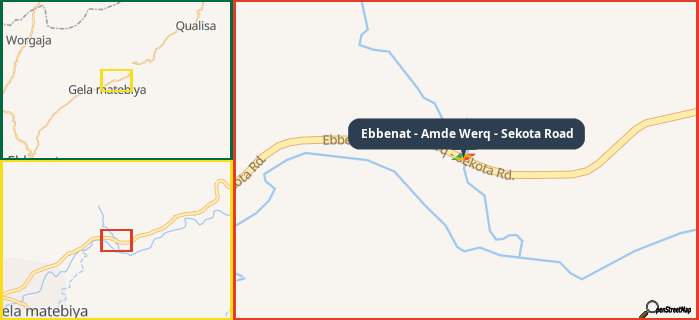Map showing the address of Ebbenat - Amde Werq - Sekota Road in three different zoom levels.