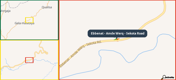 Map showing the address of Ebbenat - Amde Werq - Sekota Road in three different zoom levels.