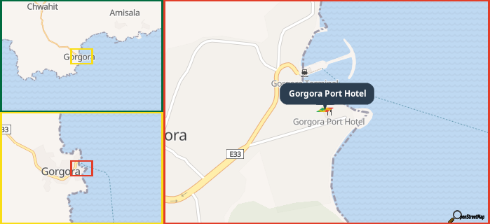 Map showing the address of Gorgora Port Hotel in three different zoom levels.