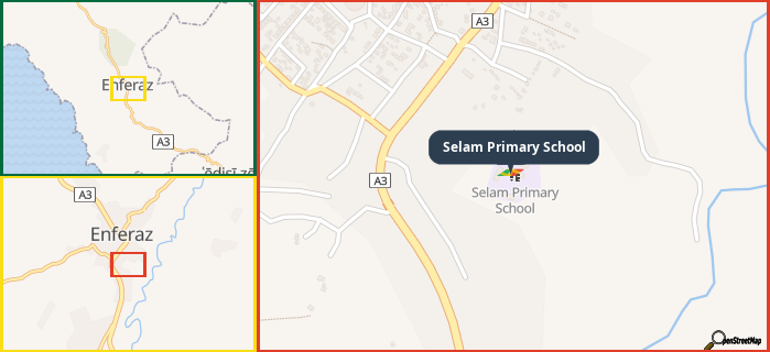 Map showing the address of Selam Primary School in three different zoom levels.
