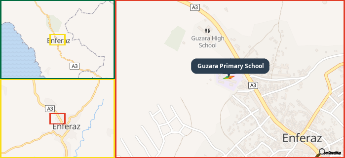 Map showing the address of Guzara Primary School in three different zoom levels.