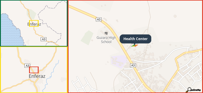 Map showing the address of Health Center in three different zoom levels.