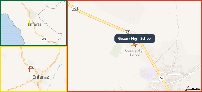 Map showing the address of Guzara High School in three different zoom levels.