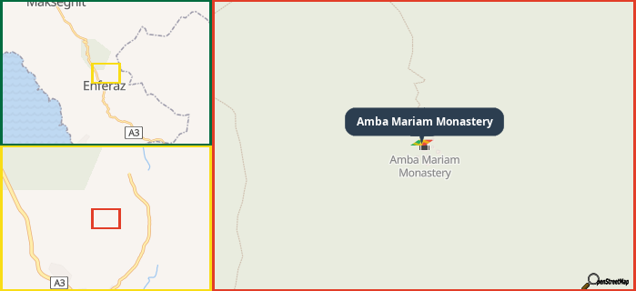 Map showing the address of Amba Mariam Monastery in three different zoom levels.