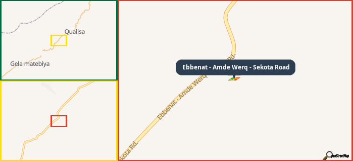 Map showing the address of Ebbenat - Amde Werq - Sekota Road in three different zoom levels.
