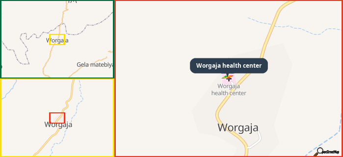 Map showing the address of Worgaja health center in three different zoom levels.
