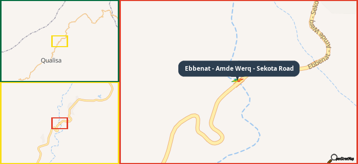 Map showing the address of Ebbenat - Amde Werq - Sekota Road in three different zoom levels.