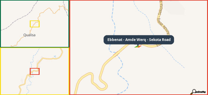 Map showing the address of Ebbenat - Amde Werq - Sekota Road in three different zoom levels.