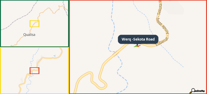 Map showing the address of Werq -Sekota Road in three different zoom levels.