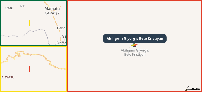 Map showing the address of Abihgum Giyorgis Bete Kristiyan in three different zoom levels.