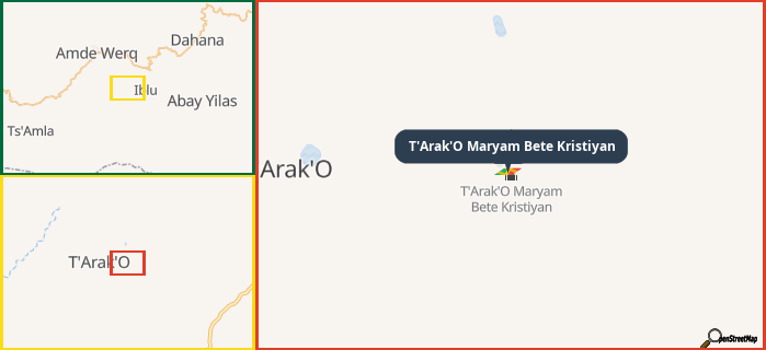 Map showing the address of T'Arak'O Maryam Bete Kristiyan in three different zoom levels.