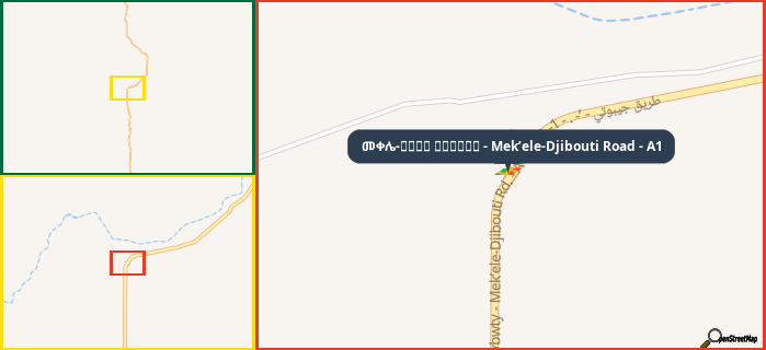 Map showing the address of መቀሌ-طريق جيبوتي - Mek’ele-Djibouti Road - A1 in three different zoom levels.