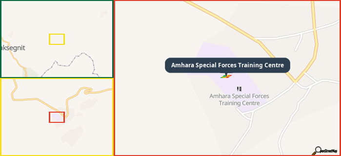 Map showing the address of Amhara Special Forces Training Centre in three different zoom levels.