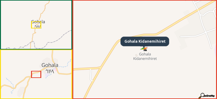 Map showing the address of Gohala Kidanemihiret in three different zoom levels.