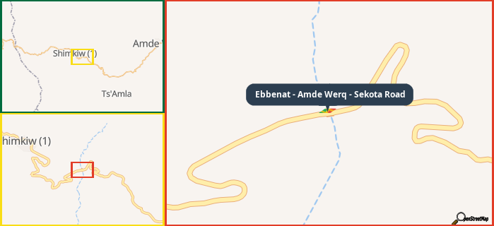 Map showing the address of Ebbenat - Amde Werq - Sekota Road in three different zoom levels.