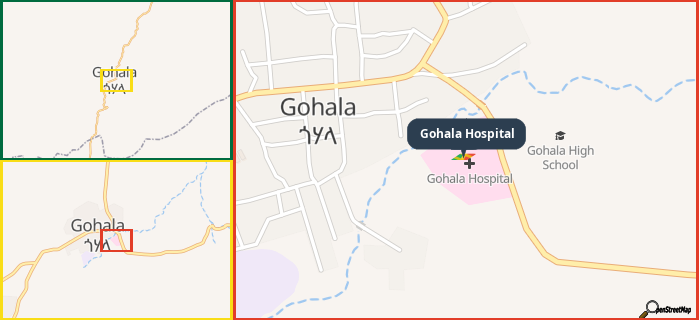 Map showing the address of Gohala Hospital in three different zoom levels.