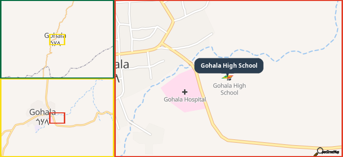 Map showing the address of Gohala High School in three different zoom levels.