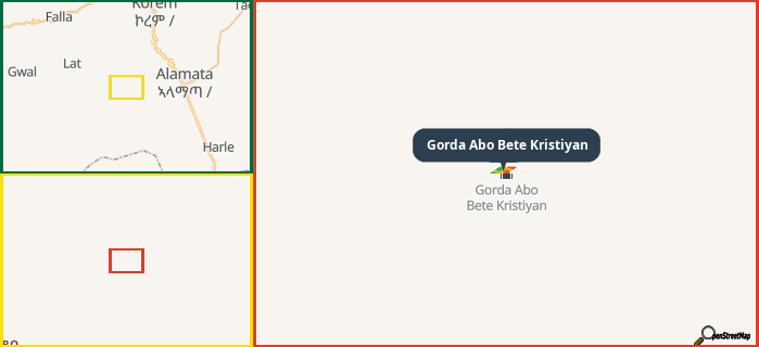 Map showing the address of Gorda Abo Bete Kristiyan in three different zoom levels.