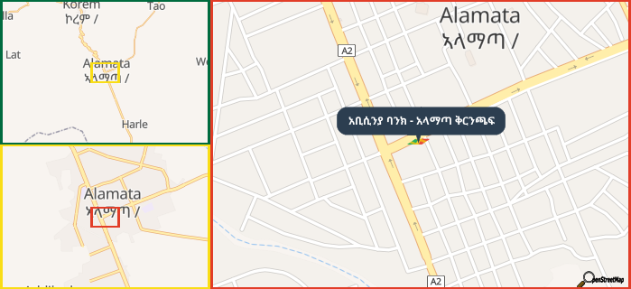 Map showing the address of አቢሲንያ ባንክ - አላማጣ ቅርንጫፍ in three different zoom levels.