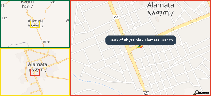 Map showing the address of Bank of Abyssinia - Alamata Branch in three different zoom levels.