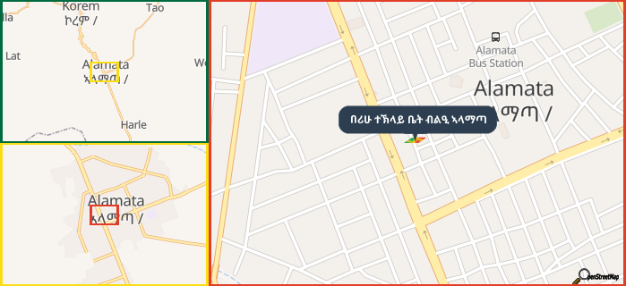 Map showing the address of በሪሁ ተኽላይ ቤት ብልዒ ኣላማጣ in three different zoom levels.
