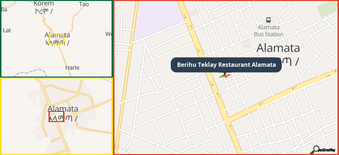 Map showing the address of Berihu Teklay Restaurant Alamata in three different zoom levels.