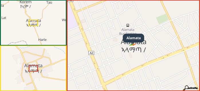 Map showing the address of Alamata in three different zoom levels.